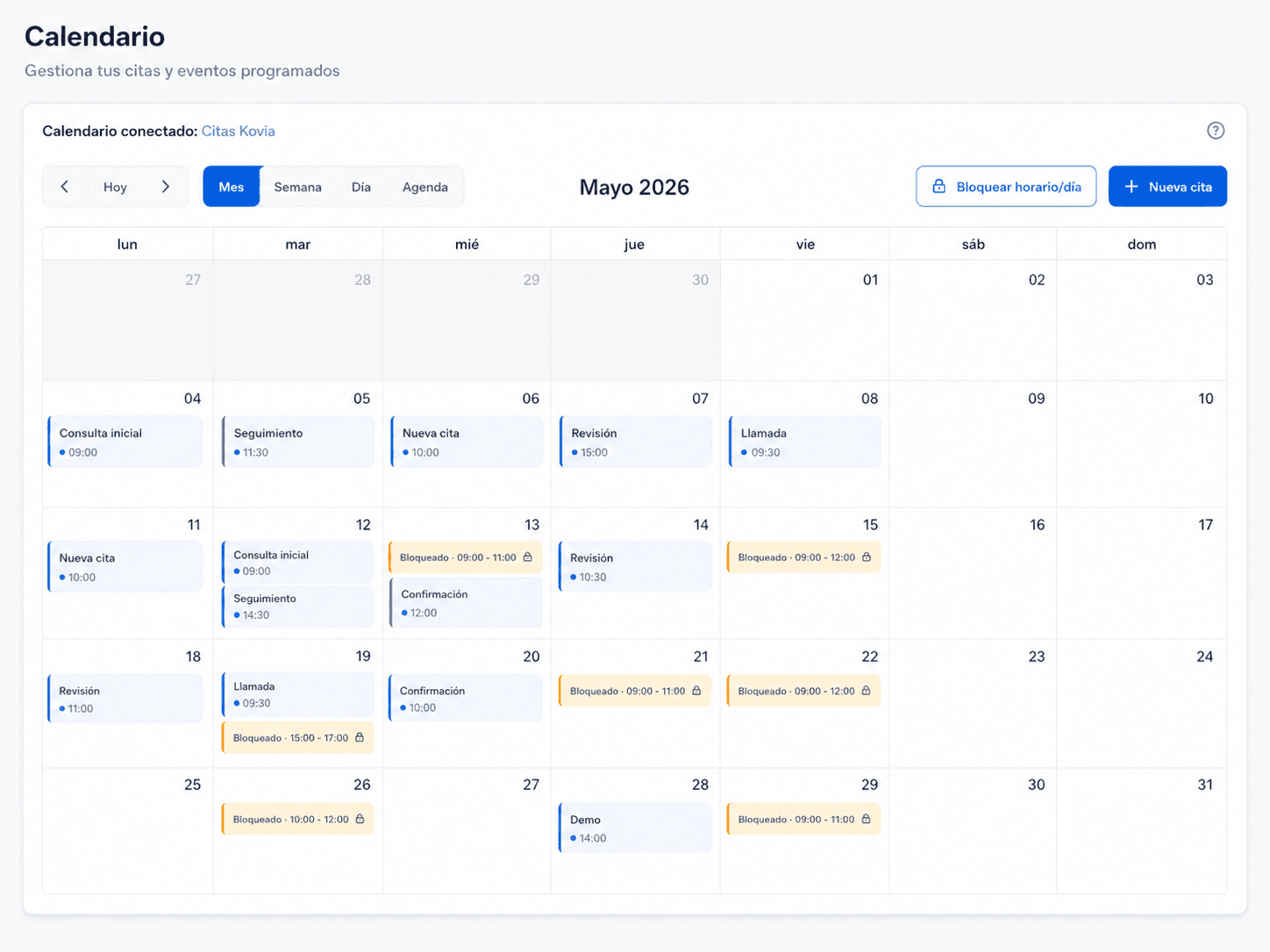 Kovia calendar with booked appointments, time slots, and details for each appointment