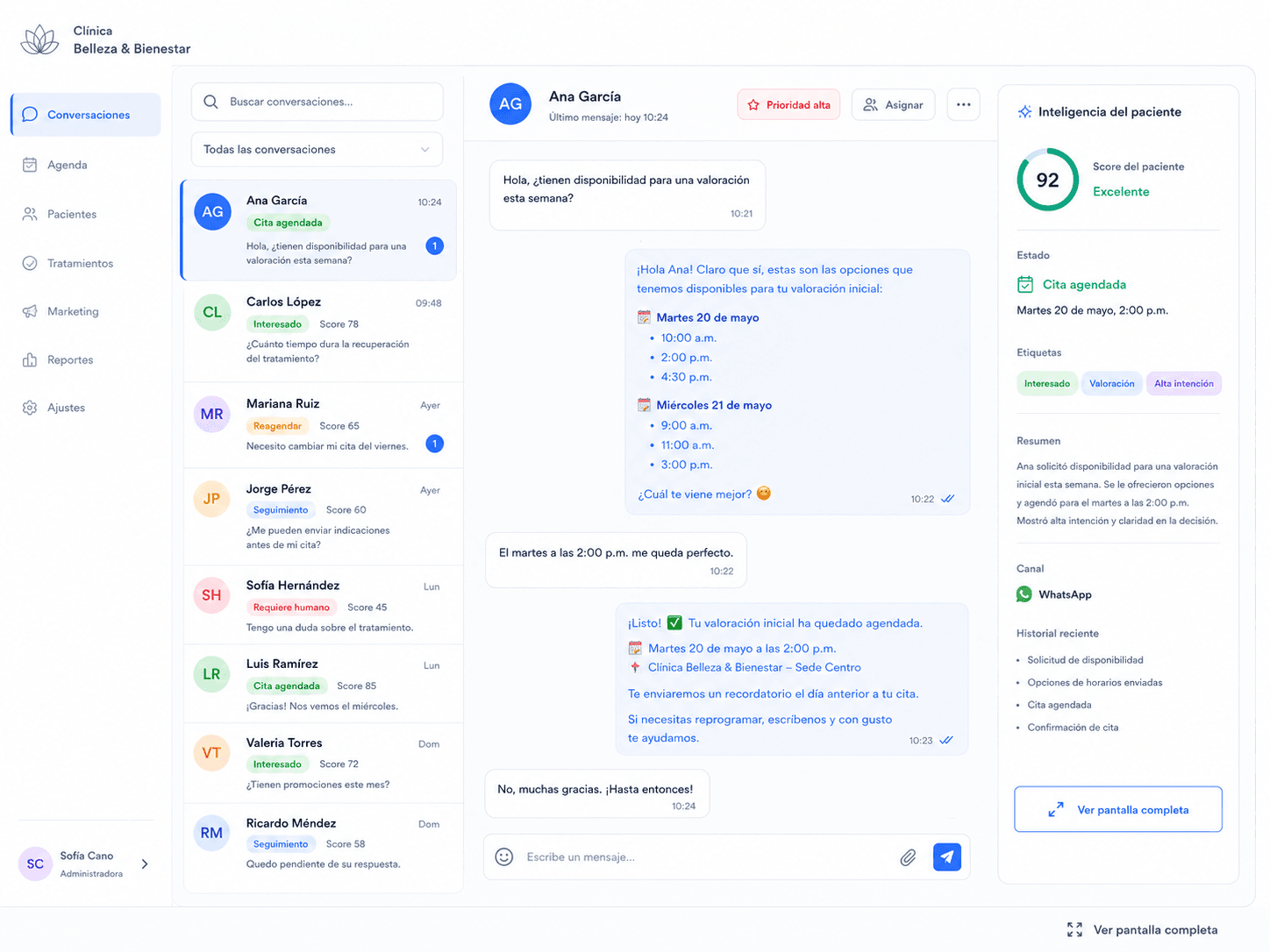 Kovia product: a WhatsApp conversation with a patient, a booked appointment, and contact context